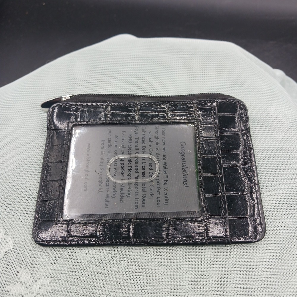 Identity Stronghold ID Holder Embossed Black Leather Credit Card RFID Protection